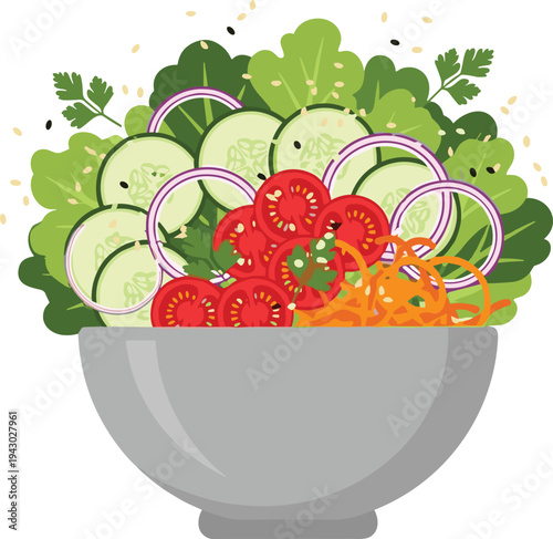 Fresh Healthy Salad Bowl Vector Illustration Set with Avocado Spinach Tomatoes Cucumber and Bell Peppers for Vegan Nutrition Menu Design Wellness Apps and Healthy Eating Lifestyle Content