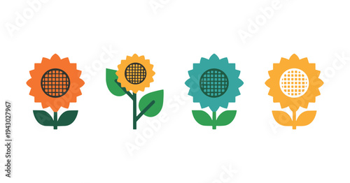 Bright sunflower icons collection with various petal shapes and leaf positions isolated on white background for summer garden and floral decoration design