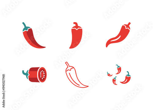 Various red chili pepper icons in flat vector style including whole sliced and groups for spicy food branding cooking apps and restaurant menu decorations