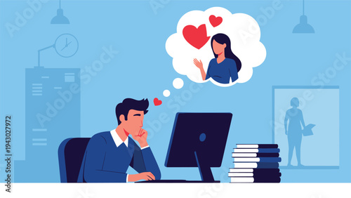 Man sitting at his office desk and daydreaming about a woman he loves instead of focusing on his heavy workload and books.