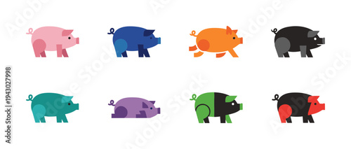 Diverse set of pig icons in different colors and poses featuring flat vector illustration style for farm animal concepts livestock industry and creative design