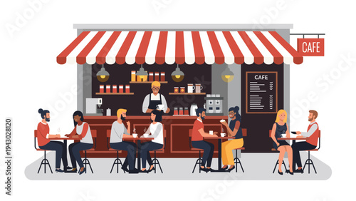 Diverse group of people sitting at tables and enjoying conversation at a street side cafe with a striped awning canopy.