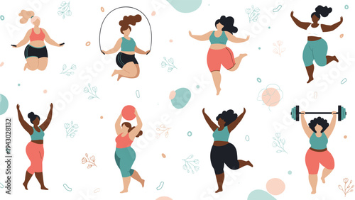 Collection of active women of different shapes and sizes performing various fitness exercises and yoga poses for wellness.
