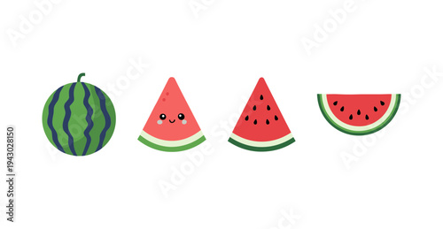 Set of watermelon icons in flat vector style featuring whole melon wedge slice and cute character with smiling face for summer fruit design concepts