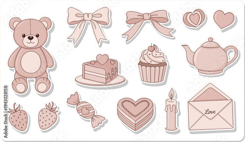 Pink Valentines Day stickers with teddy bear and desserts in soft pastel colors for scrapbooking
