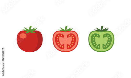 Detailed flat vector tomato icons including whole red tomato and cross section slices showing seeds for healthy cooking and vegetable market graphics