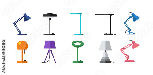 Modern desk lamp icons collection featuring various adjustable LED reading lights for office workspace study room interior design and home lighting decor