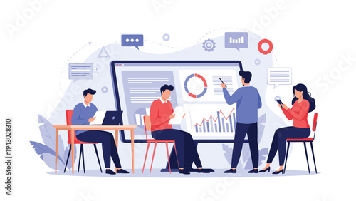 Group of dedicated business professionals collaborating on complex data analysis and strategy planning in a modern office.