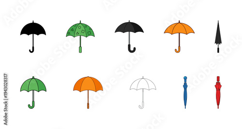 Set of colorful umbrella icons including open folded and long handle designs for weather forecast apps rain protection fashion and outdoor lifestyle ads
