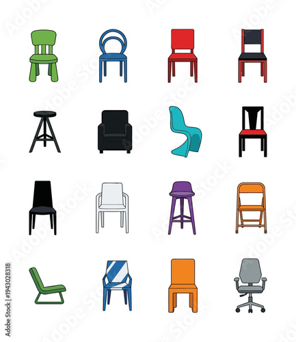 Large collection of chair and stool furniture icons for interior design living room office workspace and modern home architectural planning materials
