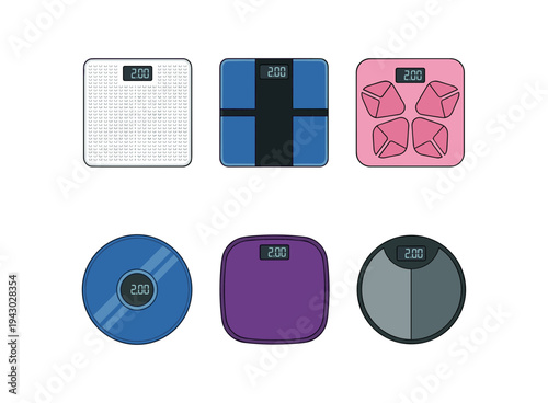 Digital bathroom weight scale icons in various shapes and colors for fitness tracking health monitoring weight loss goals and personal wellness progress
