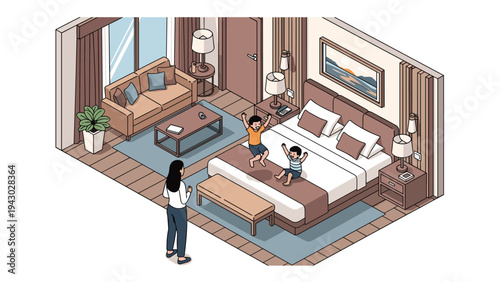 Two young children jumping on a hotel bed while their mother watches them during a family vacation stay in a luxury suite.
