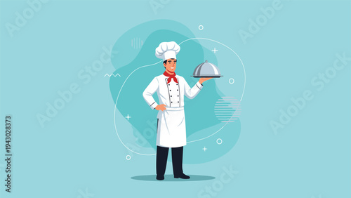 Professional male chef wearing a white uniform and hat holding a silver cloche platter with a proud and friendly smile.
