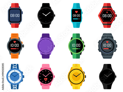 Collection of smart watch and digital fitness tracker icons in flat vector style featuring various screen interfaces and colorful bands for technology