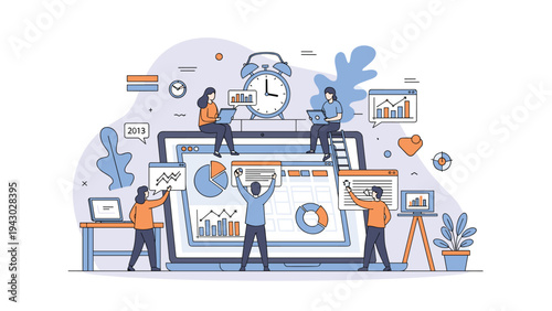 Group of tiny people working together on a massive laptop screen displaying various financial charts and scheduling tasks.