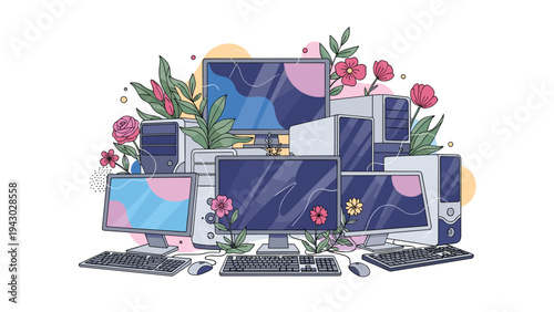 Multiple computer monitors and keyboards surrounded by beautiful blooming flowers representing the harmony of tech and nature.