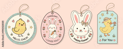 Set of four Easter gift tags with cute bunny chick and duckling characters. Vector labels with holiday greetings floral elements stars and hearts in naive style. Perfect for gift wrap and scrapbooking