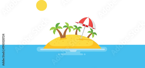 Tropical island getaway with palm trees and umbrella in sunny bright colorful cartoon style for travel advertising