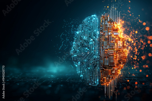 abstract digital brain on a circuit board background with copy space, in blue and orange colors concept of artificial intelligence or technology for web banner design