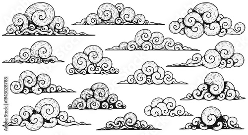 Set of Hand Drawn Traditional Asian Clouds Vector Illustration Collection isolated PNG with Transparent Background