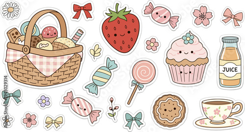 Colorful picnic items in cute kawaii style with soft pastel colors on white background for childrens party decoration