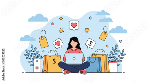 Young woman sitting with a laptop and surrounded by shopping bags and icons representing a convenient online retail experience.