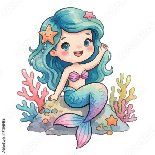 Mermaid and Fish Cartoon Vector Illustration in the Sea Fun Beauty Art