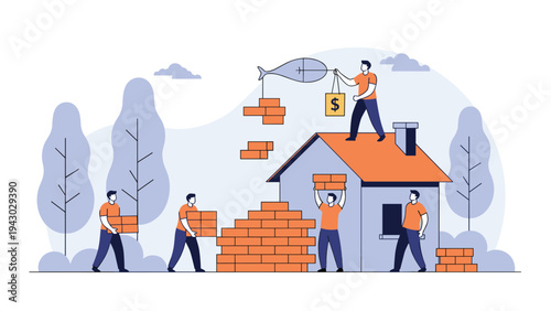 Group of dedicated construction workers building a brick house together to represent teamwork and the housing industry.