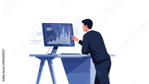 Business analyst standing at a high desk while pointing at a large computer screen showing financial growth charts and complex data graphs.