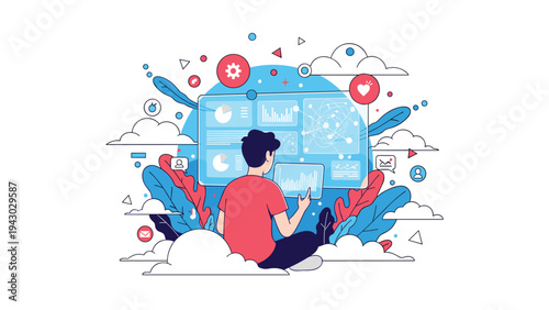 Creative professional man sitting on a cloud while analyzing a digital dashboard full of colorful data charts and interactive infographics.