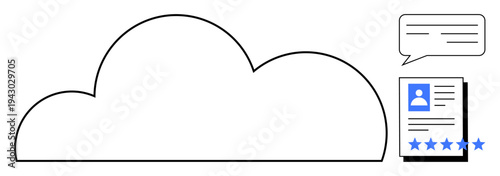 Cloud outline connected to user profile card with photo, text, and five-star rating, speech bubble for communication. Ideal for data storage, online reviews, user authentication, web services