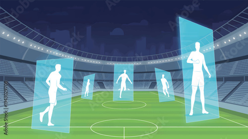 Soccer stadium with holographic players and city skyline at night, football stadium, sports arena