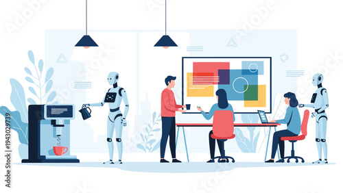 Innovative workplace concept showing humans and advanced robots working together in a modern office with coffee and brainstorming tools.