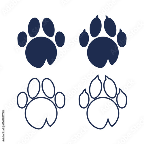 Four dark blue animal paw prints, featuring both solid and outline styles. Includes pet and wild animal tracks, ideal for pet care, wildlife, or tracking design elements.