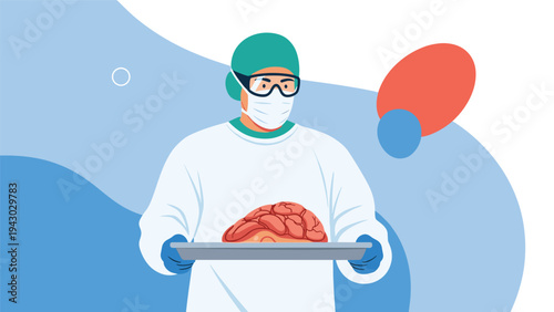 Surgeon wearing full protective medical gear and face mask while carefully holding a human brain model on a surgical tray for examination.