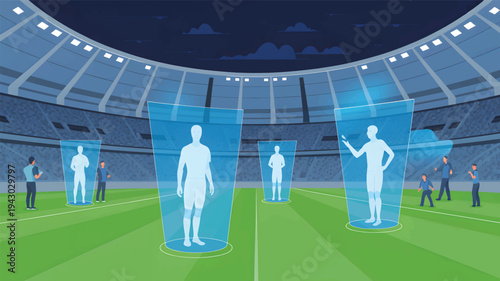 Soccer stadium with holographic player projections and observers at night, football stadium dark sky