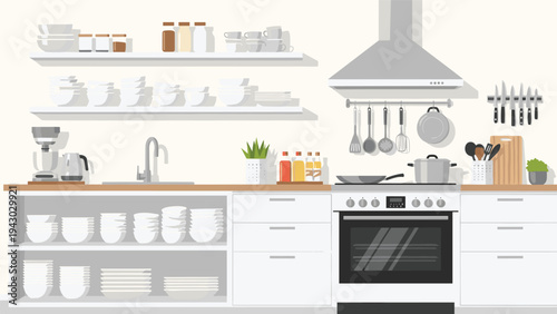 Modern and clean kitchen interior design with white cabinets, stove, sink, and various cooking utensils neatly arranged on wooden counters.