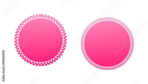 Two distinct pink circular frames, each with a unique white decorative border one features a sharp geometric pattern, the other an intricate, ornate design, set on a clean white background.