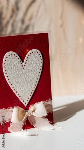 A red card with a heart placed on a book on a wooden table is a romantic symbol for a Valentine's Day gift.