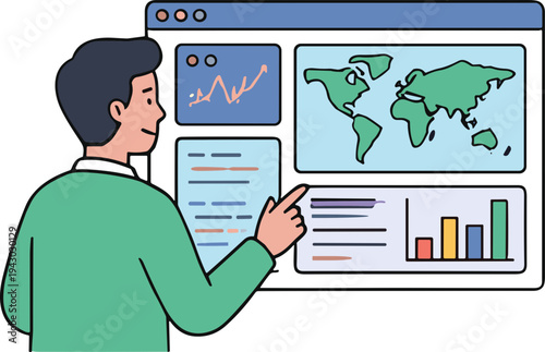 A man presents data on a large computer screen with graphs and a world map.