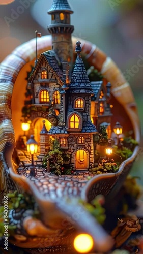A whimsical castle nestled snugly inside a snail shell, where royal banquets are delayed because the host is still making his way across the garden.