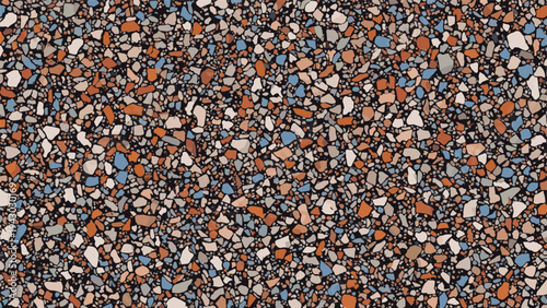 High resolution multi colored terrazzo pattern featuring small stone chips in blue, orange, and beige tones for an architectural background.