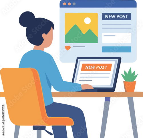 Woman sitting at desk uses laptop to post on social media online