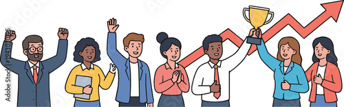 Business people celebrating success with trophy and increasing graph