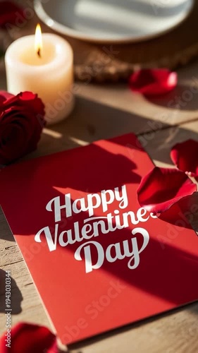A romantic red rose and burning candles create a beautiful festive decoration for a Valentine's Day gift or spa celebration, featuring flickering flames and candlelight on the table and a red card