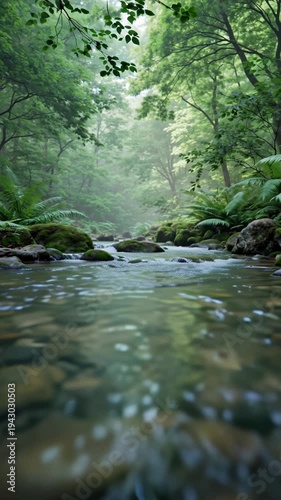 A serene natural landscape featuring a flowing mountain stream cascading over mossy green rocks through a lush summer forest of tall trees 