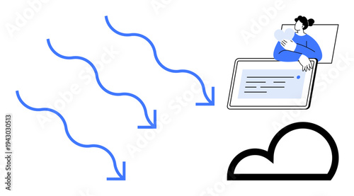 Cloud computing concept. Cloud computing by data flow, user interaction, and cloud symbol for technology. Cloud computing benefits include data storage, sharing, and connectivity for businesses, IT