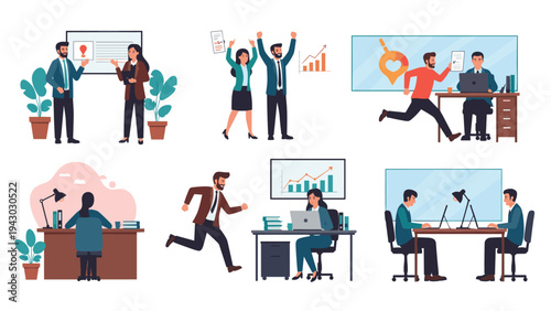 Various office scenes show employees working at desks, presenting data, celebrating success, and rushing through a busy workplace.