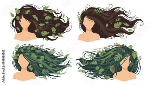 Creative illustrations of women with long flowing hair adorned with various green leaves and plants representing nature and beauty.