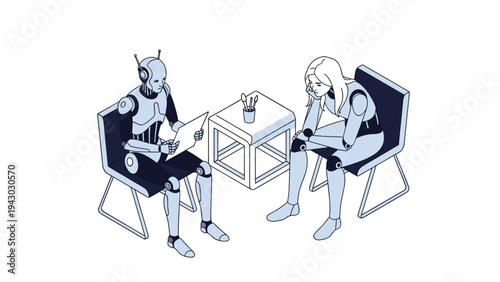 Futuristic scene shows a robot and a woman sitting together at a table while engaged in creative work or a therapy session.